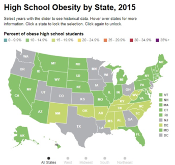 Obésité dans le secondaire par Etat, 2015, source: YRBSS